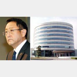 豊田章男トヨタ自動車社長（左）とアイシン・エィ・ダブリュ本社（Ｃ）日刊ゲンダイ