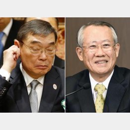 籾井会長（左）から上田新会長へ（Ｃ）共同通信社