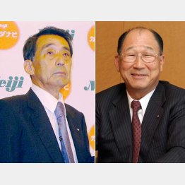 統合発表は０８年９月（当時の明治製菓・佐藤社長＝左と明治乳業・浅野社長）／（Ｃ）日刊ゲンダイ