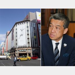 三越銀座店と大西洋社長（Ｃ）日刊ゲンダイ