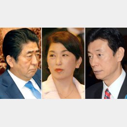 左から安倍首相、福島みずほ議員、西村康稔議員（Ｃ）日刊ゲンダイ