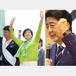 白戸太朗候補の応援に駆けつけた小池知事（左）と安倍首相（Ｃ）日刊ゲンダイ