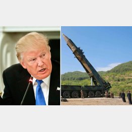 トランプ米大統領（ＡＰ）はどう出るのか（右は北朝鮮弾道ミサイル「火星１４」）／（Ｃ）共同通信社