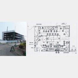 これが７階「パントリー」の図面（右）、建設中の獣医学部キャンパスは丘の上にある／（Ｃ）日刊ゲンダイ