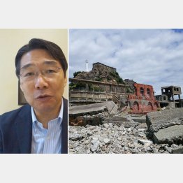 前川喜平氏、右は長崎県にある「明治日本の産業革命遺産」の軍艦島（Ｃ）日刊ゲンダイ