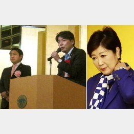 求心力失墜（自民・川松都議＝左端の会合で挨拶する都Ｆ・尾崎都議）／（Ｃ）日刊ゲンダイ