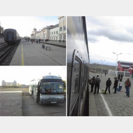 （左上から左回りに）ロシア・ザバイカリスク駅、満州里行きのバス、中国・ハンダガヤ駅／（提供写真）