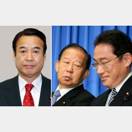 釈明会見を開いた神谷議員（二階幹事長と岸田政調会長は犬猿の仲＝右）／（Ｃ）共同通信社