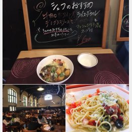 立教大学の第一食堂（左下）、本日のスペシャル・ベーコンと小海老のプッタネスカは５００円（右下）／（写真はすべて早稲田大学学食研究会提供）