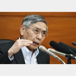 金融政策決定会合後、記者会見する日銀の黒田総裁（Ｃ）共同通信社