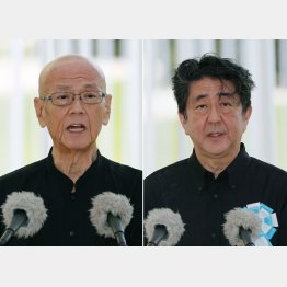 ６月２３日の沖縄全戦没者追悼式に出席した翁長知事と安倍首相（Ｃ）共同通信社