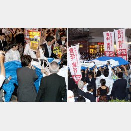 引き裂かれる反アベの横断幕（左）、ノボリで反アベ隠し／（Ｃ）日刊ゲンダイ