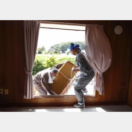 北海道厚真町で被災した住宅の窓から家財道具を運び出す人たち（Ｃ）共同通信社