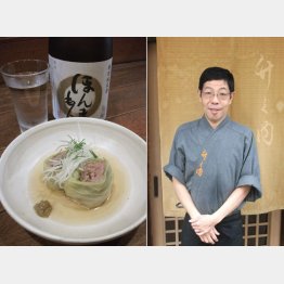 左は「おでんだしの中で出合った猪と松波キャベツ」（右は店主の竹之内孝男さん）／（提供写真）