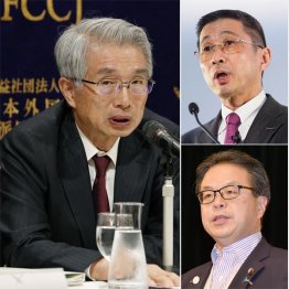 左から時計回りで弘中弁護士、日産・西川社長、世耕経産相（Ｃ）共同通信社