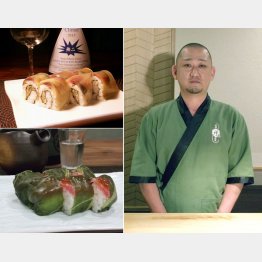 鯖の小袖寿司（左上）、高菜巻き（左下）、右は辻村昭紀さん（Ｃ）日刊ゲンダイ