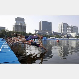 お台場海浜公園のスイムコースの飛び込むトライアスロンの選手たち（Ｃ）共同通信社