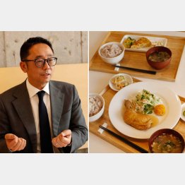 東郊住宅社の池田峰社長（右は、取材当日の昼定食と朝定食）／（Ｃ）日刊ゲンダイ