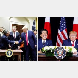 とことんナメられている（安倍首相とトランプ米大統領＝右、昨８日の日米貿易協定署名式で握手する杉山晋輔在米日本大使＝左）／（Ｃ）ロイター