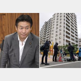 25日、自民党の秋元司衆院議員（左）の自宅マンション前に集まった報道陣（Ｃ）日刊ゲンダイ