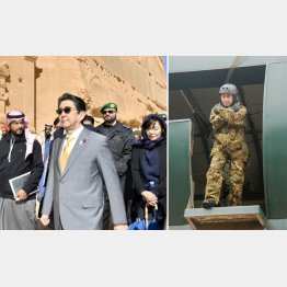 どちらも唖然とする光景(サウジの世界遺産を視察する安倍首相と降下訓練を体験する河野防衛相)/(C)共同通信社
