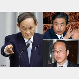 トンデモナイ「言い訳」を展開する菅官房長官（右は上から、柳瀬元首相秘書官と和泉首相補佐官）／（Ｃ）日刊ゲンダイ