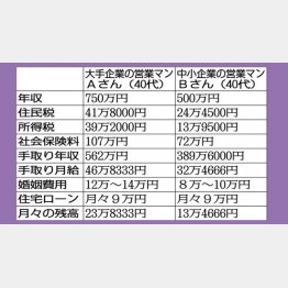 表２：年収750万円のAさんと年収500万円のBさんの場合の比較表（Ｃ）日刊ゲンダイ