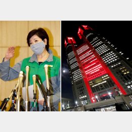 小池都知事は「東京アラート」を発動、警告を示す赤色にライトアップされた東京都庁（Ｃ）日刊ゲンダイ