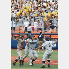 2011年の神奈川大会決勝、桐光学園戦でサヨナラ打を放った横浜・近藤（中央）／（Ｃ）日刊ゲンダイ