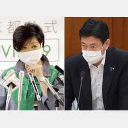 小池都知事（左）の自粛呼びかけを政府見解として否定（西村経済再生相＝右）／（Ｃ）日刊ゲンダイ