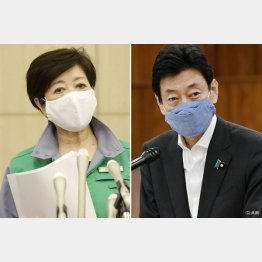 だから言わんこっちゃない（小池百合子都知事と西村康稔コロナ担当相）／（Ｃ）日刊ゲンダイ