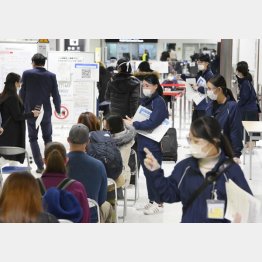 菅政権は一時停止に踏み切ったが（海外から成田空港に到着した乗客の対応をする検疫担当者）／（Ｃ）共同通信社