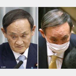 昨2020年1月の官房長官時代の会見（左）と26日の予算委での菅首相（Ｃ）日刊ゲンダイ