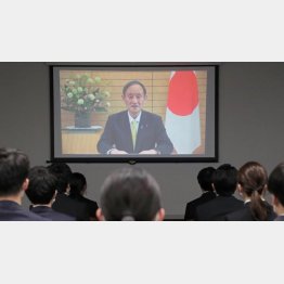 7日、国家公務員合同初任研修で、ビデオメッセージで訓示する菅首相（代表撮影）