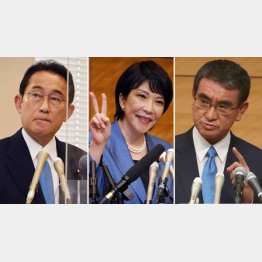 我も我もとアベなびき(左から自民党総裁選立候補の岸田文雄、高市早苗、河野太郎の3氏)/(C)日刊ゲンダイ