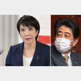 自民党本部の開票センターで会見する高市早苗政調会長（右は、安倍元首相）／（Ｃ）ＪＭＰＡ