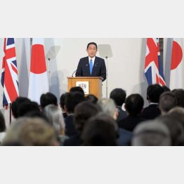 「インベスト・イン・キシダ」（ロンドンの金融街シティーで講演する岸田首相＝代表撮影・共同）