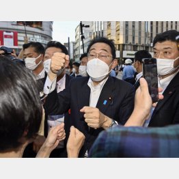 余裕は有権者軽視の表れ（松山市で、有権者らとタッチを交わす自民党総裁の岸田首相＝23日）／（Ｃ）共同通信社