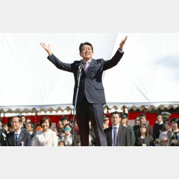 偉大な政治家として祭り上げ（「桜を見る会」であいさつする安倍首相＝2019年4月当時）／（代表撮影）