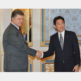 ウクライナのポロシェンコ大統領（左）と岸田外相が会談（2014年）／（Ｃ）共同通信社