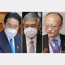 目先の円安阻止だけ（左から岸田首相、黒田日銀総裁、神田財務官）／（Ｃ）日刊ゲンダイ