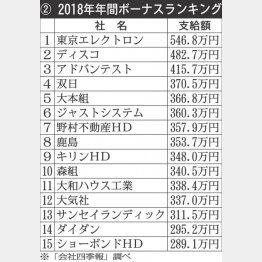 <表2>2018年年間ボーナスランキング（Ｃ）日刊ゲンダイ