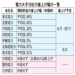 電力大手10社の値上げ幅の一覧（Ｃ）日刊ゲンダイ