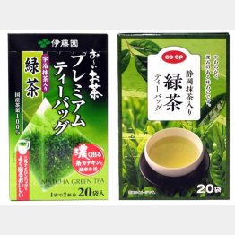 「お～いお茶 プレミアムティーバッグ 宇治抹茶入り緑茶」と「静岡抹茶入り緑茶ティーバッグ」／（Ｃ）日刊ゲンダイ