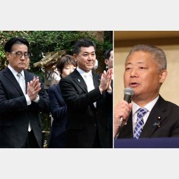 岸田政権延命のA級戦犯（左＝右から、立憲民主の泉代表と岡田幹事長）。勢い加速（右＝日本維新の会の馬場代表）／（Ｃ）日刊ゲンダイ