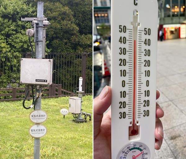 北野丸公園の観測地（左）は涼しいが、東京駅周辺では40度を超すありさま（Ｃ）日刊ゲンダイ