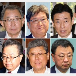 塩谷「座長」と「5人衆」…それでまとまるのか？（左上から時計回りに塩谷、萩生田、西村、松野、高木、世耕の6議員）／（Ｃ）日刊ゲンダイ