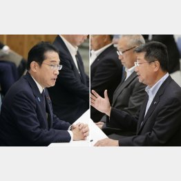 処理水海洋放出をめぐり、全漁連の坂本会長（右）と面談（岸田首相＝左）／（Ｃ）共同通信社