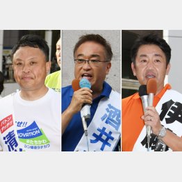 立川市長選は、事実上三つ巴の構図。こちらも自民党が苦戦（左から）自民推薦の清水孝治候補、野党系の酒井大史候補、都ファ・国民民主推薦の伊藤大輔候補（Ｃ）日刊ゲンダイ