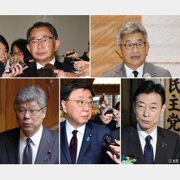 5人が出席しても…（上は左から安倍派の塩谷立座長、二階派の武田良太元総務相。下は左から安倍派の高木毅、松野博一、西村康稔3議員）／（Ｃ）日刊ゲンダイ